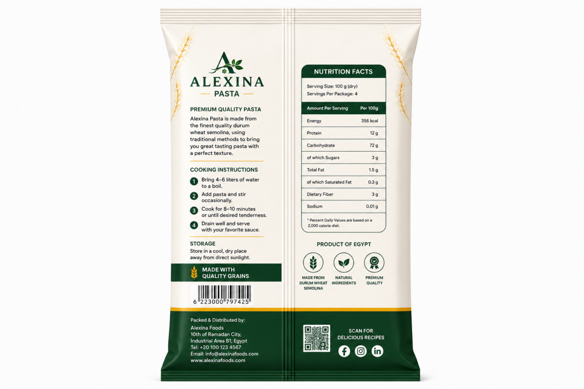 Alexina Premium Penne Pasta made from high-quality durum wheat semolina, premium Egyptian pasta supplier and exporter for wholesale and bulk orders.