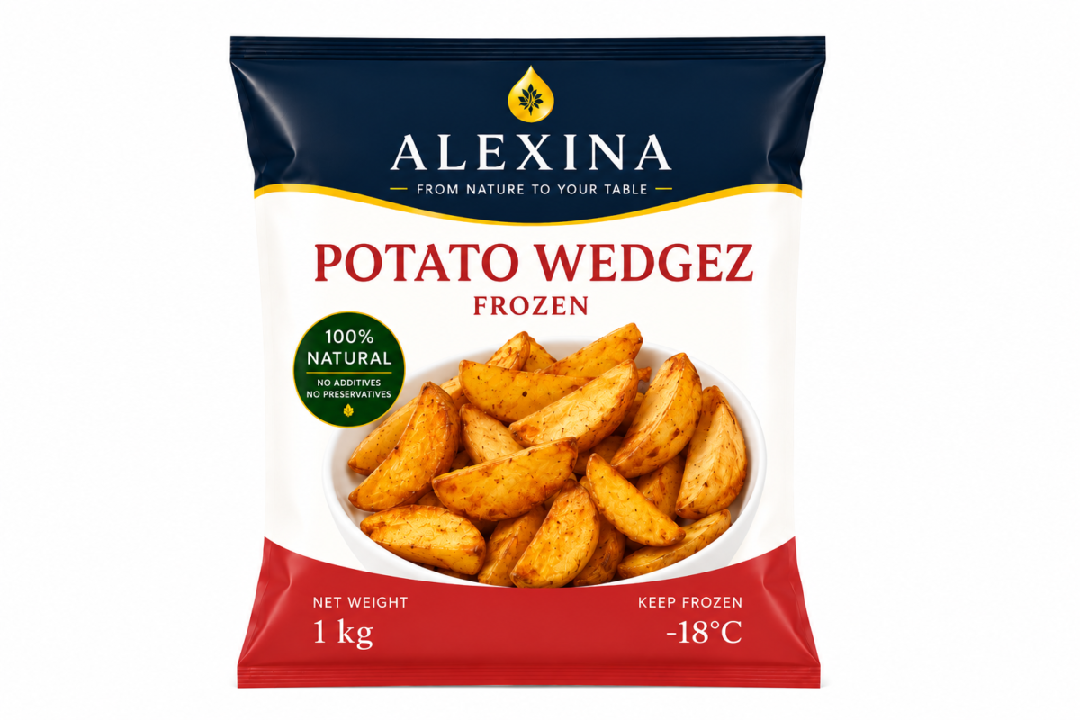 Alexina Premium Potato Wedges made from high-quality potatoes, premium Egyptian frozen potato supplier and exporter for wholesale and bulk orders.