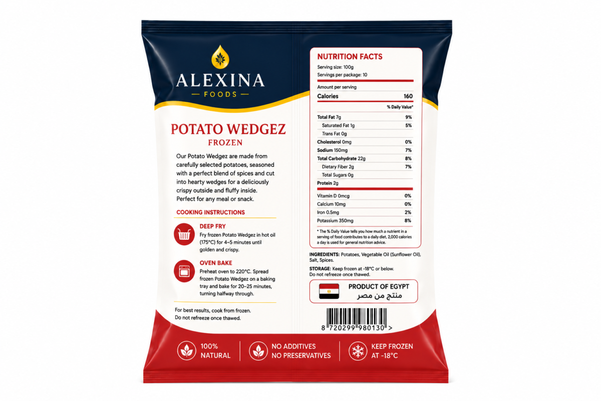 Alexina Premium Potato Wedges made from high-quality potatoes, premium Egyptian frozen potato supplier and exporter for wholesale and bulk orders.