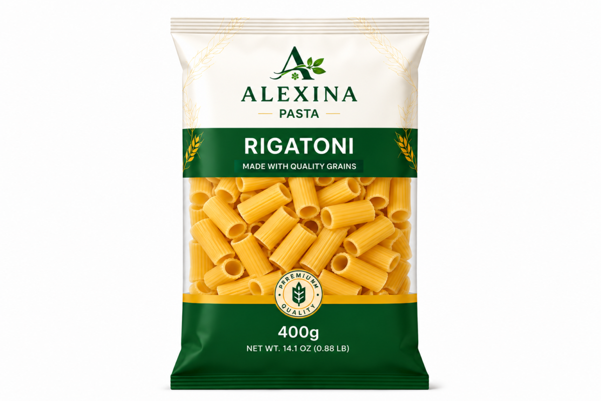 Alexina Premium Rigatoni Pasta made from high-quality durum wheat semolina, premium Egyptian pasta supplier and exporter for wholesale and bulk orders.