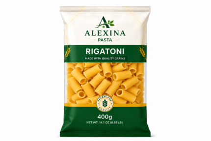 Alexina Premium Rigatoni Pasta made from high-quality durum wheat semolina, premium Egyptian pasta supplier and exporter for wholesale and bulk orders.