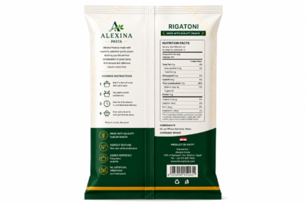 Alexina Premium Rigatoni Pasta made from high-quality durum wheat semolina, premium Egyptian pasta supplier and exporter for wholesale and bulk orders.