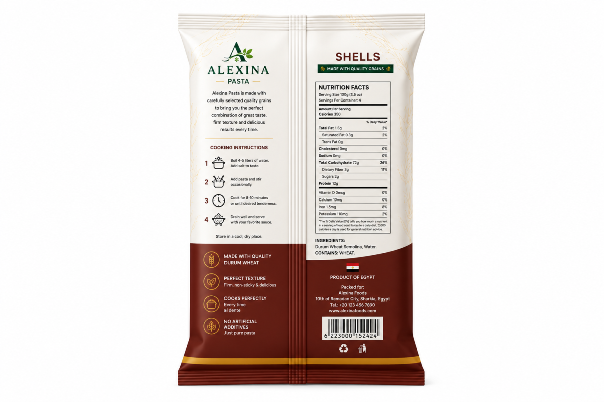 Alexina Premium Shell Pasta made from high-quality durum wheat semolina, premium Egyptian pasta supplier and exporter for wholesale and bulk orders.