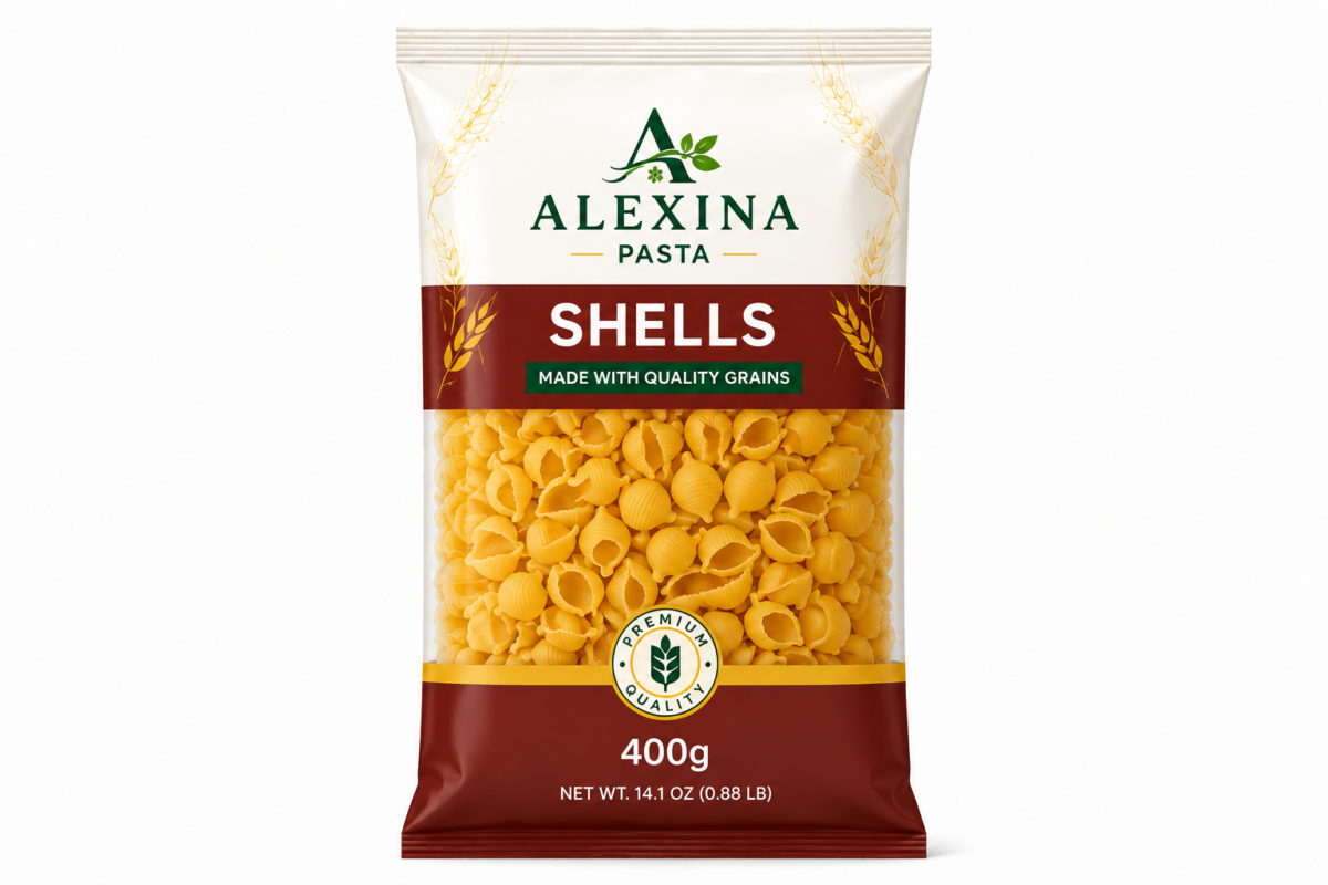 Alexina Premium Shell Pasta made from high-quality durum wheat semolina, premium Egyptian pasta supplier and exporter for wholesale and bulk orders.
