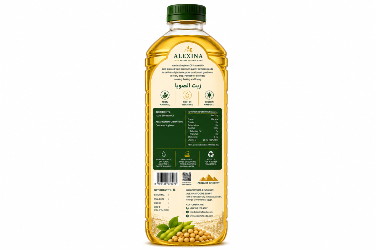 Back label of Alexina Premium Soybean Oil bottle showing nutritional information, ingredients, and product details