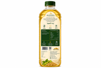 Back label of Alexina Premium Soybean Oil bottle showing nutritional information, ingredients, and product details