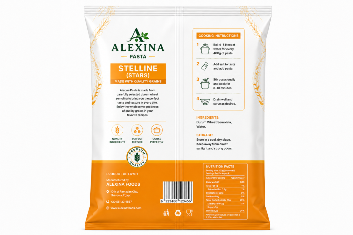 Alexina Premium Stelline Stars Pasta made from high-quality durum wheat semolina, premium Egyptian pasta supplier and exporter for wholesale and bulk orders.