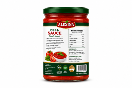 Alexina Premium Tomato Pizza Sauce made from fresh natural tomatoes, premium Egyptian pizza sauce supplier and exporter for wholesale and bulk orders.