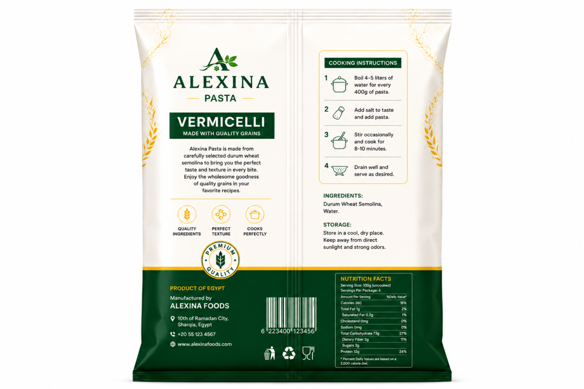 Alexina Premium Vermicelli Pasta made from high-quality durum wheat semolina, premium Egyptian pasta supplier and exporter for wholesale and bulk orders.