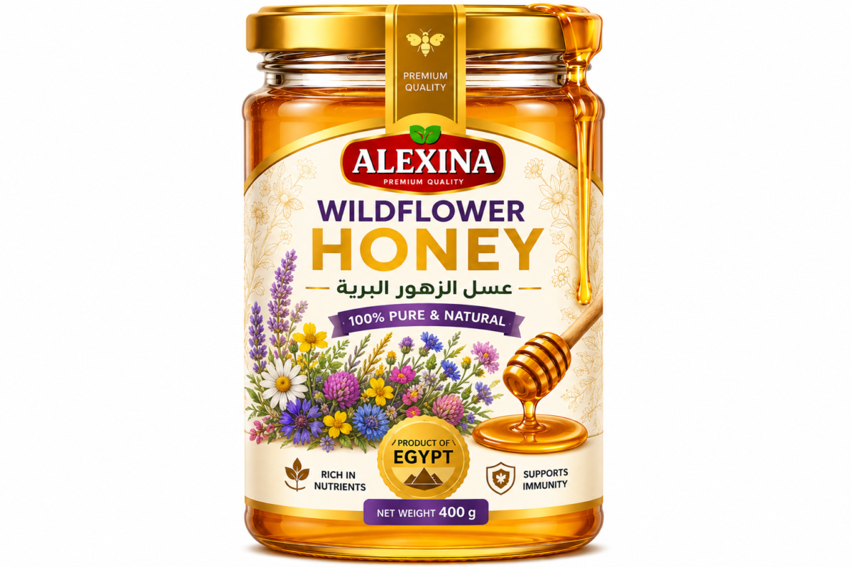 Alexina Premium Wildflower Honey, pure natural honey with rich floral taste and premium quality, Egyptian honey supplier and exporter for wholesale and bulk orders.