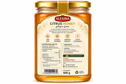 Alexina Premium Citrus Honey, pure natural honey with fresh citrus flavor and premium quality, Egyptian honey supplier and exporter for wholesale and bulk orders.