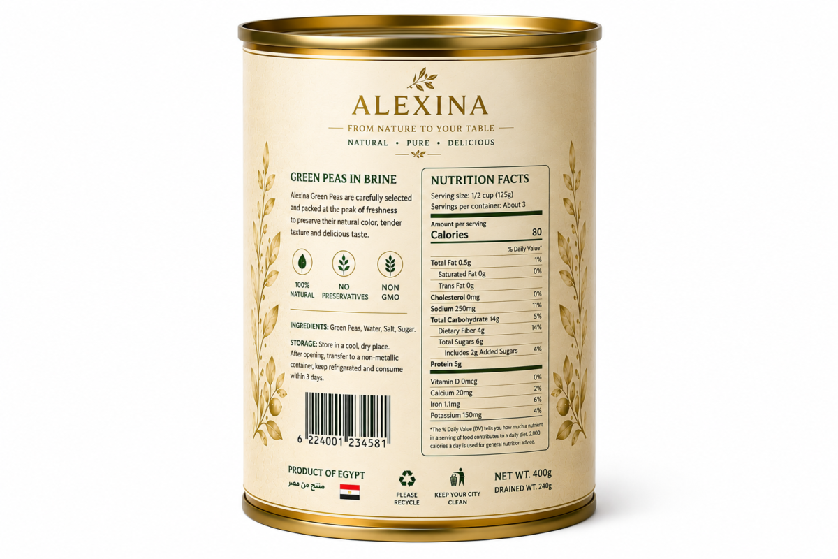Alexina Foods Egyptian Canned Green Peas Exporter