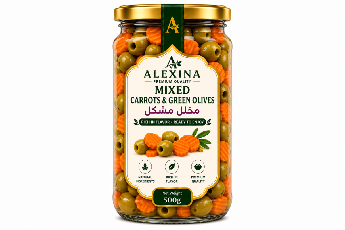 Premium Egyptian Mixed Pickles with Carrots and Green Olives in Glass Jar | Alexina Foods Exporter