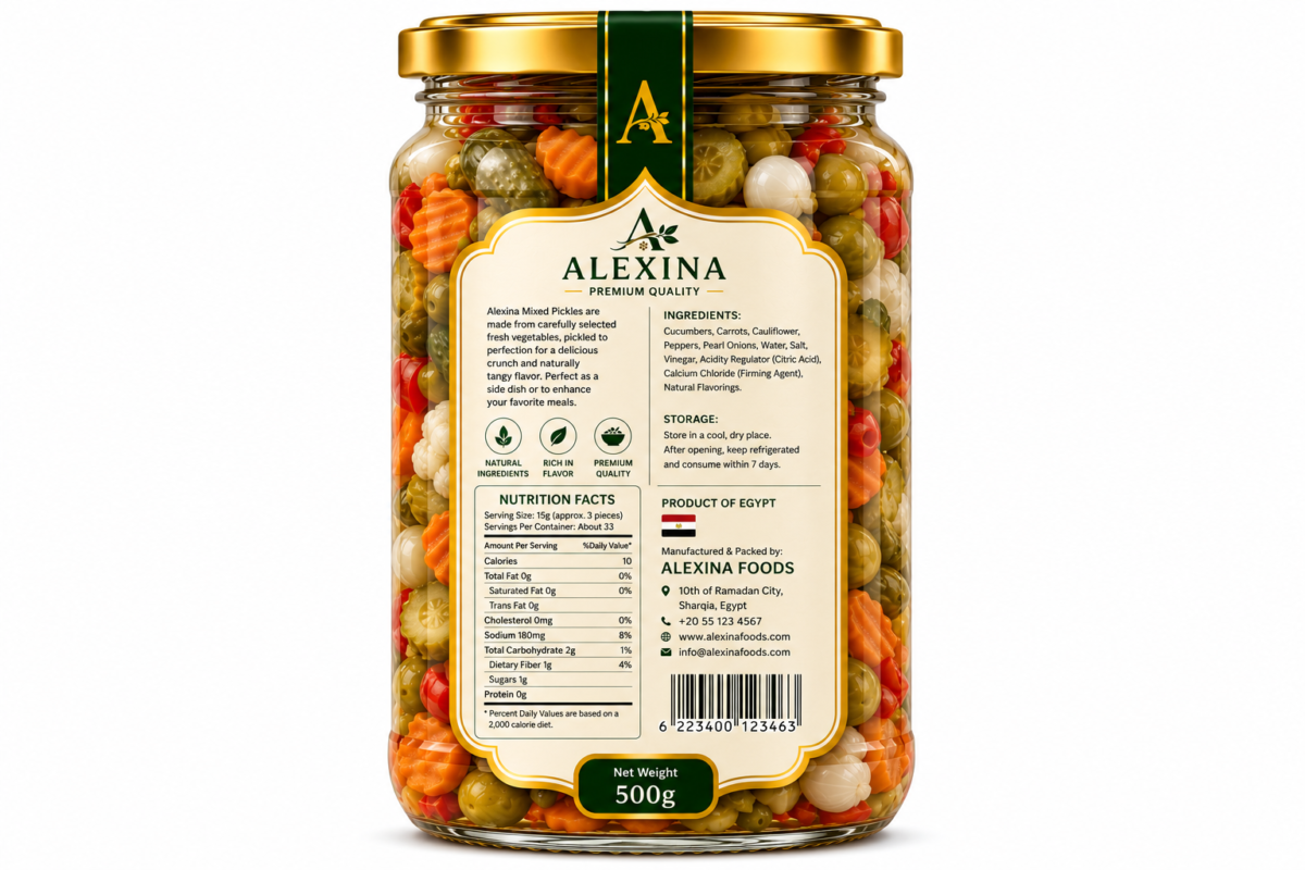 Premium Egyptian Mixed Pickles in Glass Jar | Alexina Foods Exporter