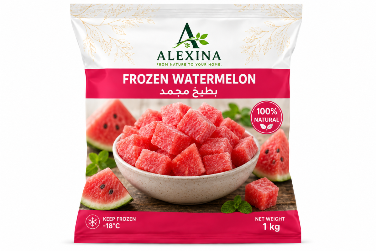 Premium Egyptian frozen watermelon cubes by Alexina Foods, packed for wholesale, private label, food service, and worldwide export.