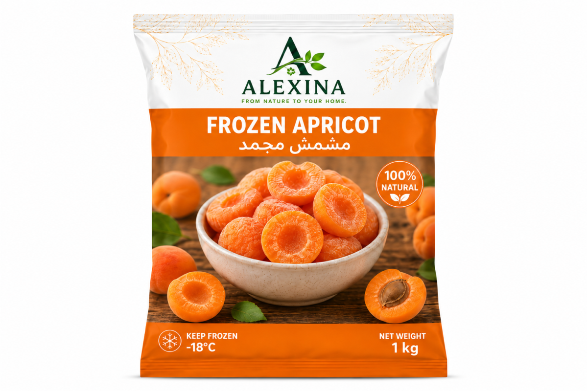 Premium Egyptian frozen apricot halves by Alexina Foods, supplied for wholesale, private label, food service, and international export.