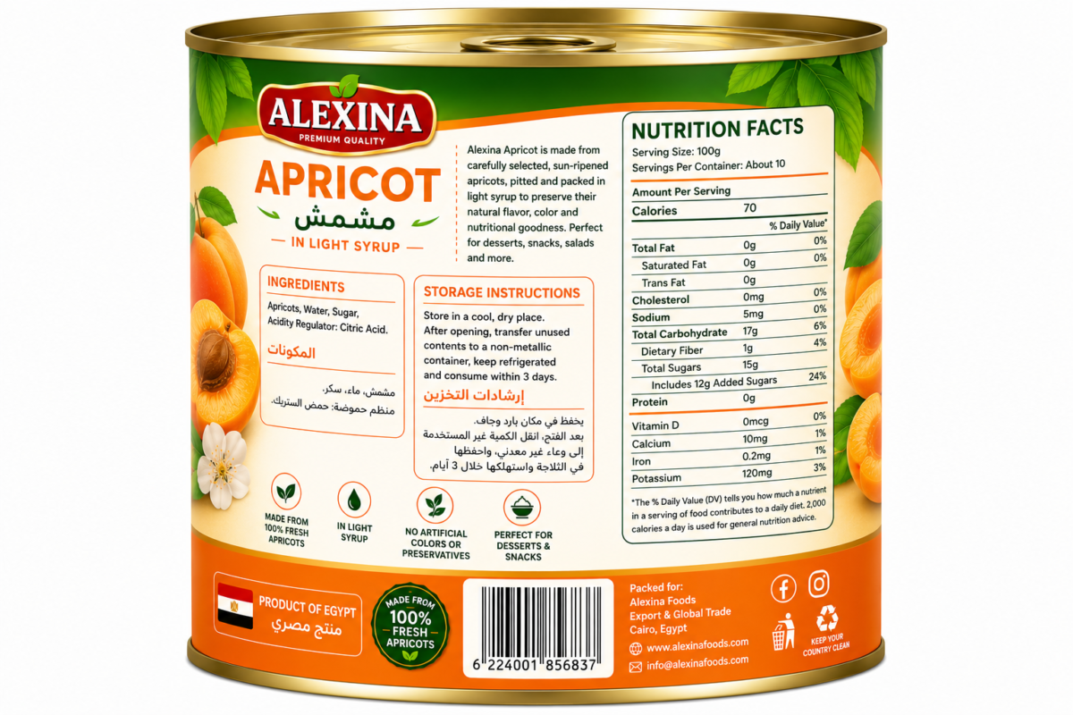 Premium Egyptian canned apricot by Alexina Foods for wholesale, private label, and export