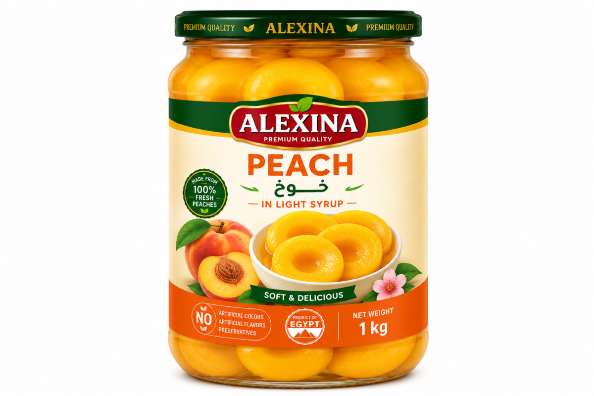 Premium Egyptian canned peach in 1 kg glass jar by Alexina Foods for wholesale, private label, and export