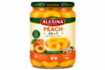 Premium Egyptian canned peach in 1 kg glass jar by Alexina Foods for wholesale, private label, and export