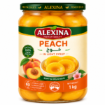 Premium Egyptian canned peach in 1 kg glass jar by Alexina Foods for wholesale, private label, and export