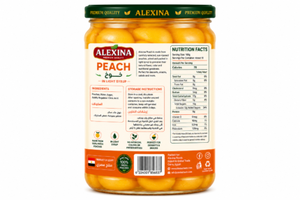 Premium Egyptian canned peach in 1 kg glass jar by Alexina Foods for wholesale, private label, and export