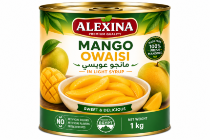 Premium Egyptian canned Owaisi mango in 1 kg tin by Alexina Foods for wholesale, private label, and export