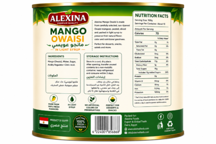 Premium Egyptian canned Owaisi mango in 1 kg tin by Alexina Foods for wholesale, private label, and export