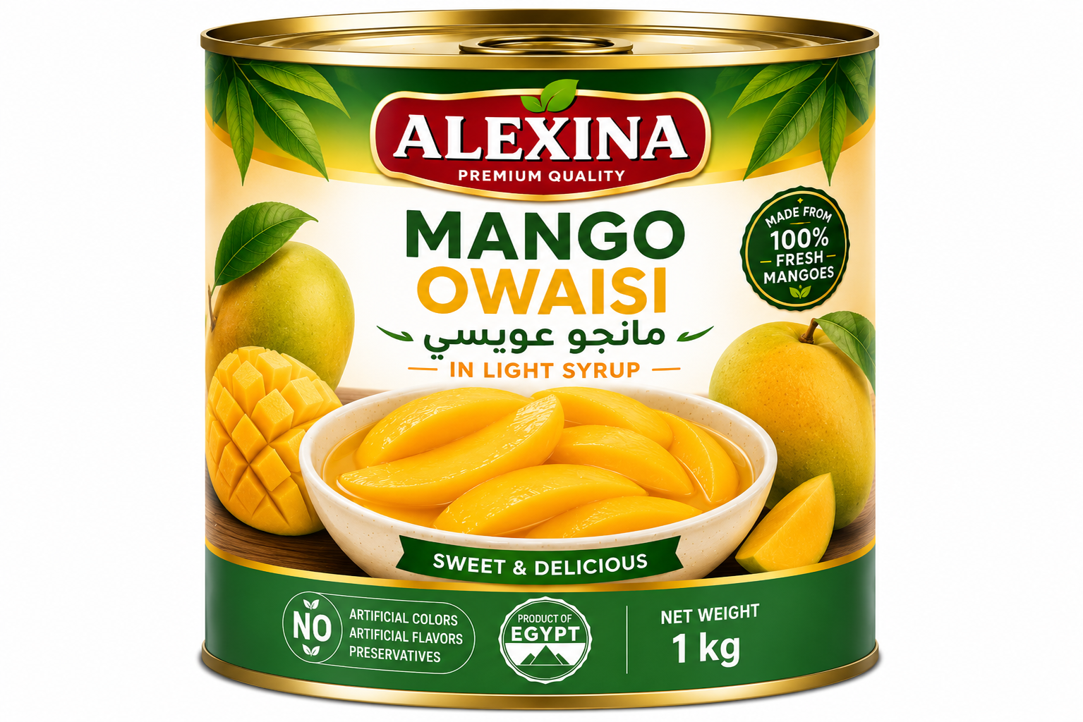 Canned Owaisi Mango 1 kg Tin | Alexina Foods Premium Egyptian canned Owaisi mango in 1 kg tin by Alexina Foods for wholesale, private label, and export