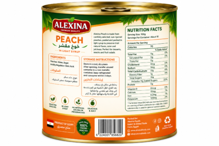 Premium Egyptian canned peach in 1 kg tin by Alexina Foods for wholesale, private label, and export