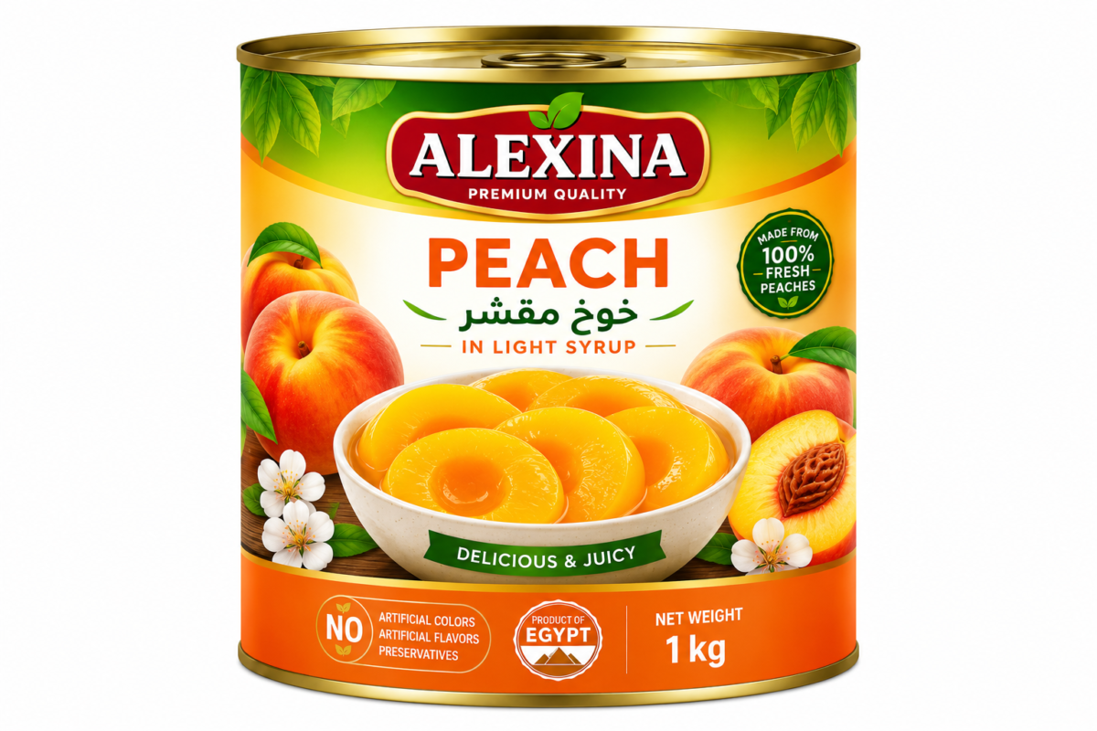 Premium Egyptian canned peach in 1 kg tin by Alexina Foods for wholesale, private label, and export