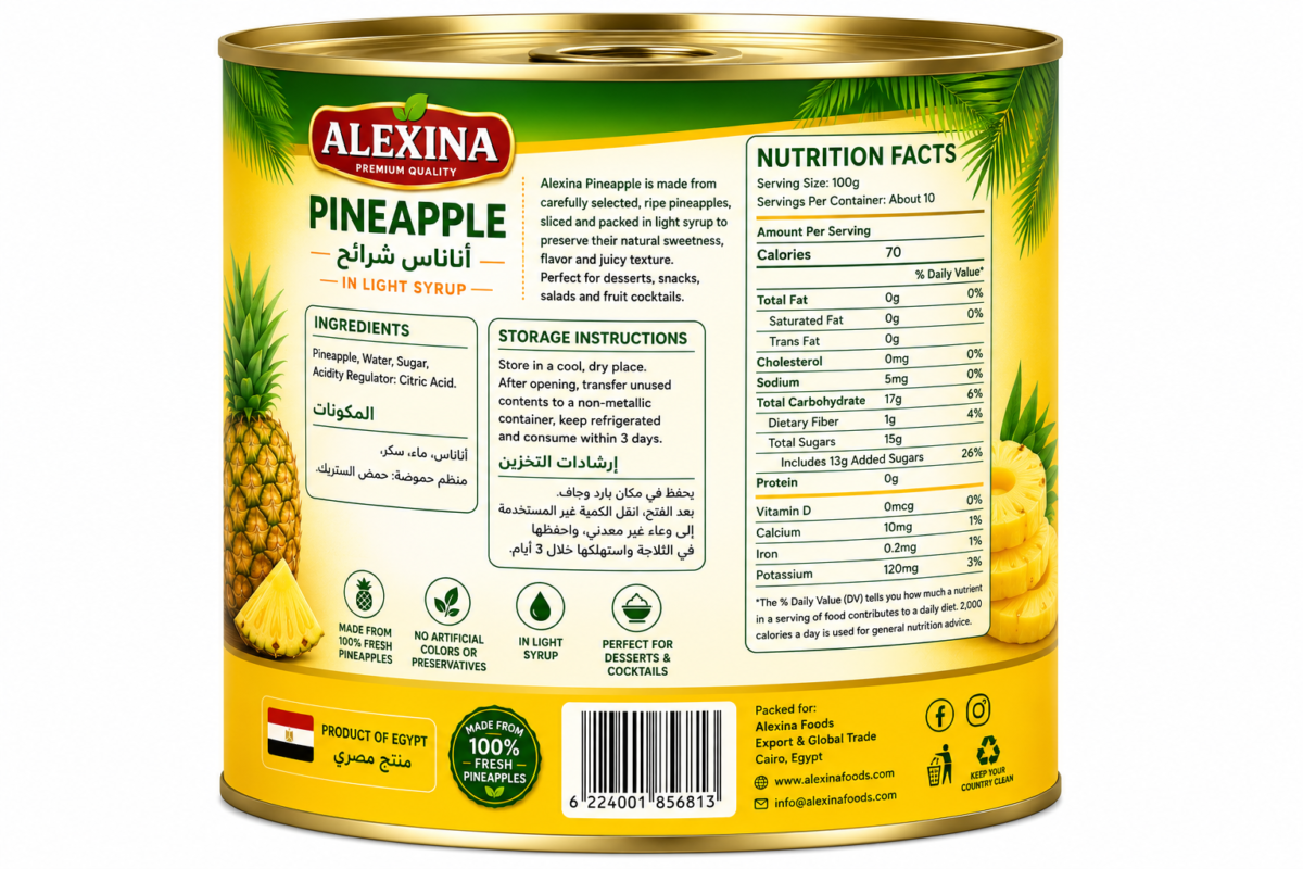 Premium canned pineapple in 1 kg tin by Alexina Foods for wholesale, private label, and export