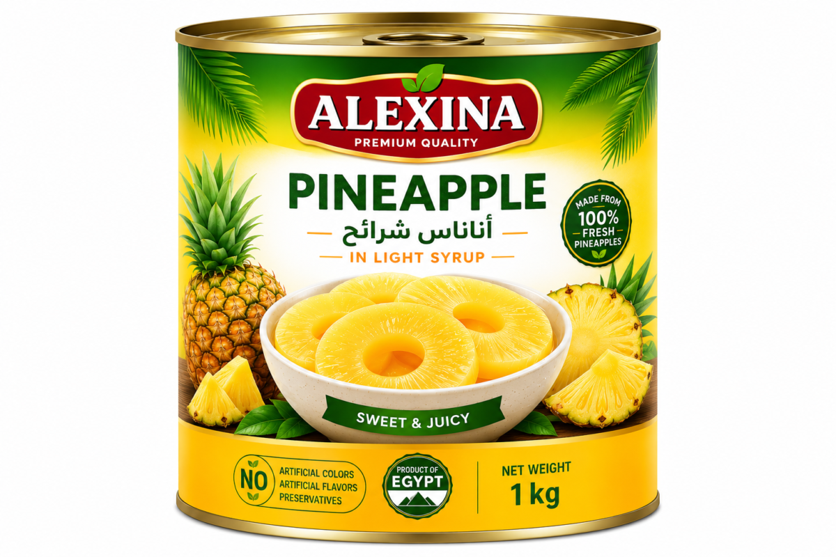 Premium canned pineapple in 1 kg tin by Alexina Foods for wholesale, private label, and export